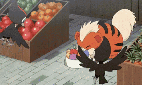a cartoon character is standing next to a bowl of fruit and a bird .