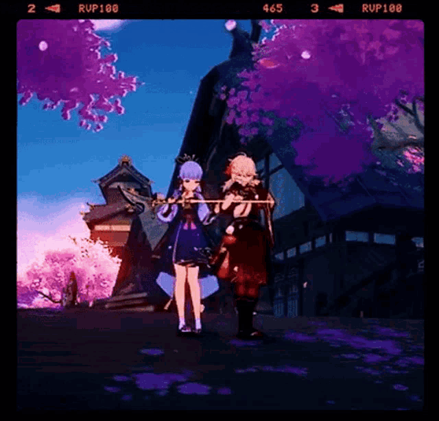 a man and a woman are standing next to each other in a video game with purple trees in the background .
