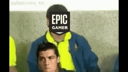 a man wearing a yellow shirt and a blue jacket has an epic gamer sticker on his face .