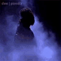 a silhouette of a person standing in a foggy room with the words dee i panda written on the bottom