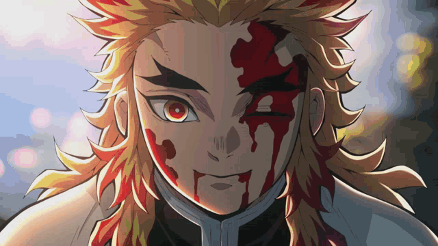 a close up of a character with blood on his face