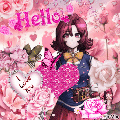 a girl with red hair is surrounded by pink flowers and hearts and says hello