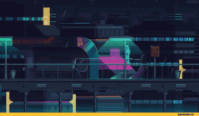a pixel art of a futuristic city with a sign that says " stani stop "