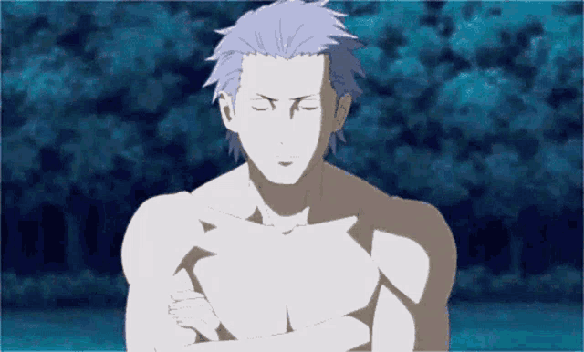 a shirtless anime character with his arms crossed and his eyes closed
