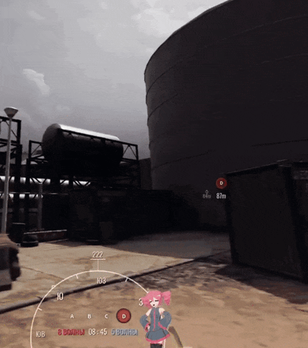 a screenshot of a video game shows a girl standing in front of a building