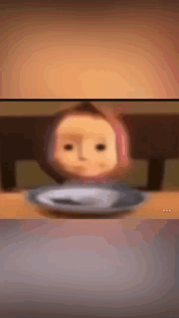 a cartoon character sitting at a table with a plate of food