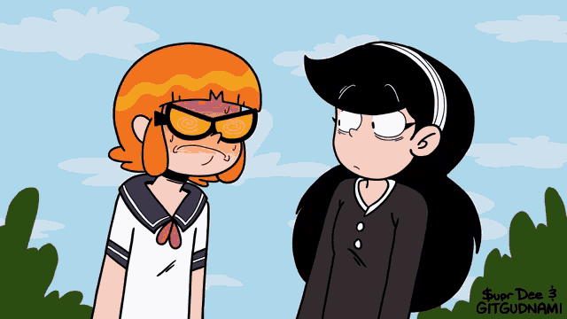 a cartoon of two girls standing next to each other with a blue sky in the background