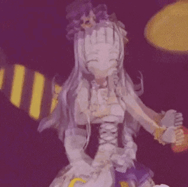 a cartoon girl with long gray hair is dancing in a purple dress and hat .