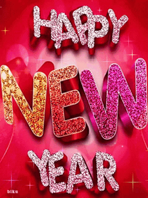 a happy new year greeting card with glittery letters