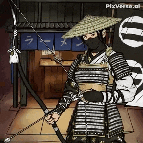 a cartoon of a samurai holding a bow and arrow .