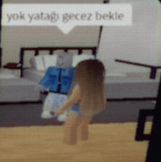 a girl in a blue dress is standing in front of a bed with a speech bubble that says yok yataği geces bekie