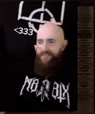 a man with a beard is surrounded by hearts and a sign that says 333