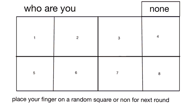 a poster that says who are you place your finger on random square or non for next round