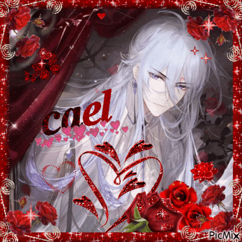 a picture of a man with long white hair has the name cael written on it