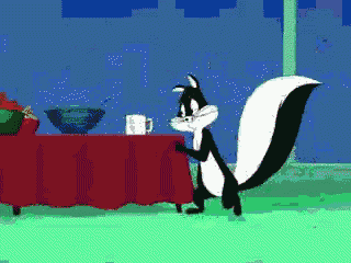 a cartoon of a skunk standing next to a table with a cup on it