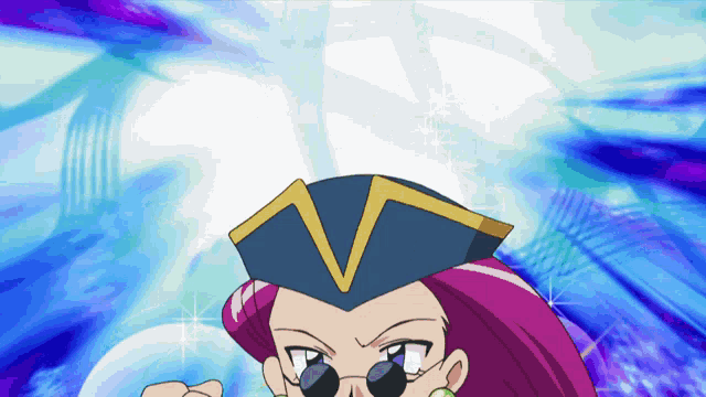a cartoon character with pink hair and a hat with a v on it
