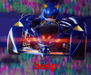 a picture of sonic the hedgehog driving a race car with the word beep in the corner
