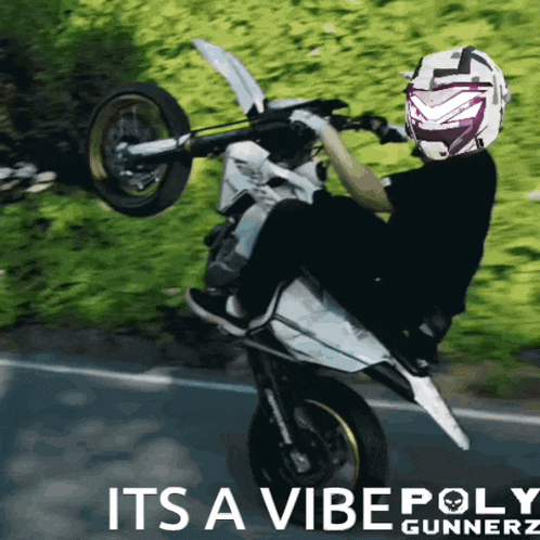 a man is doing a trick on a motorcycle with the words its a vibepoly gunnerz on the bottom