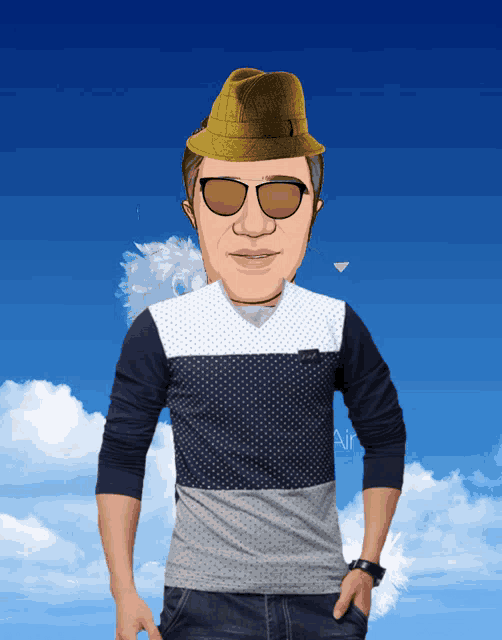 a cartoon of a man wearing sunglasses and a hat against a blue sky