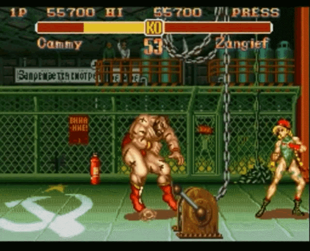 a video game is being played where cammy is fighting against zangief