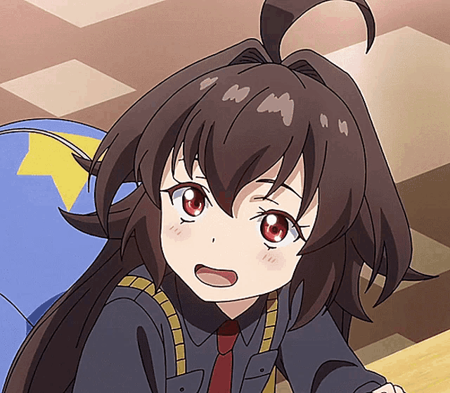 a girl with long brown hair and red eyes is wearing a tie