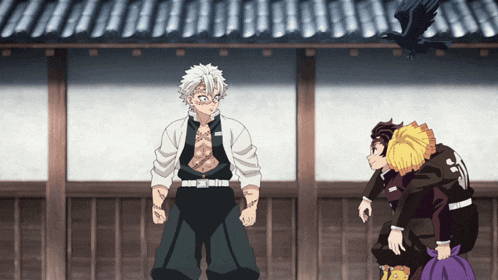 a group of anime characters are standing in front of a building