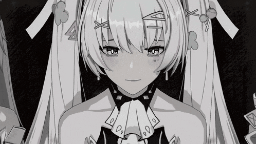 a black and white drawing of a girl with a bow tie
