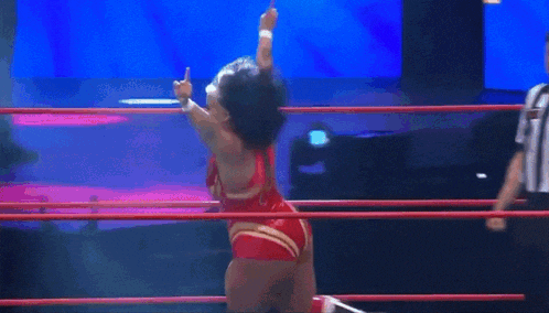 a woman in a red bikini is standing in a ring