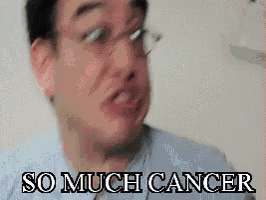 a man wearing glasses is making a funny face with the words `` so much cancer '' written below him .