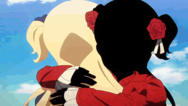 a silhouette of a girl hugging another girl