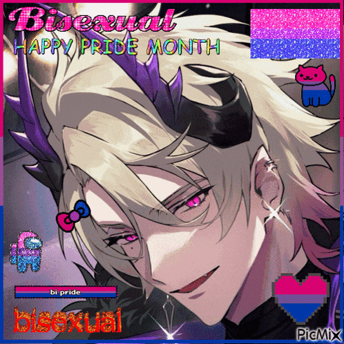 a bisexual happy pride month greeting with a picture of a demon