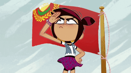 a cartoon character salutes while holding a flag with the letter o on it