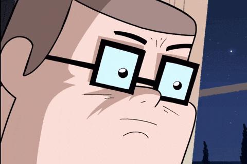 a close up of a cartoon character wearing glasses and making a face