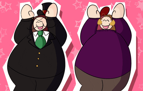 a cartoon of a man in a suit and tie and a woman in a purple sweater with their arms in the air