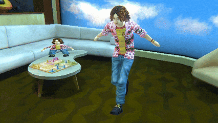 a man in a pink shirt is dancing in front of a couch and a table with a board game on it