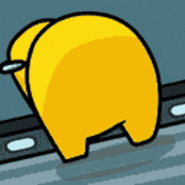 a yellow among us character is standing on a sidewalk .