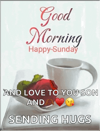 a good morning happy sunday greeting card with a cup of coffee and a plate of food .