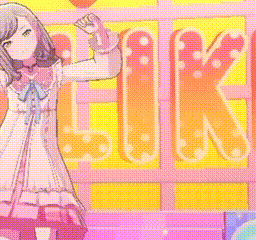 a girl in a pink dress is standing in front of a colorful background with a flower .