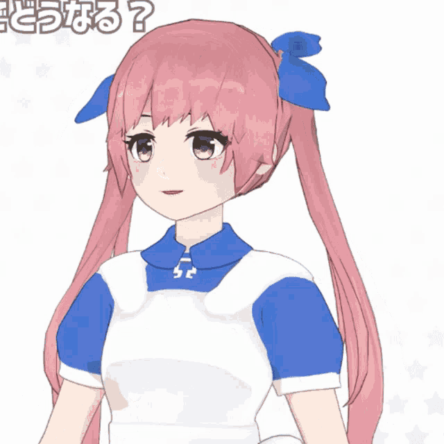 a girl with pink hair is wearing a blue shirt and white apron and says " なんで ? "