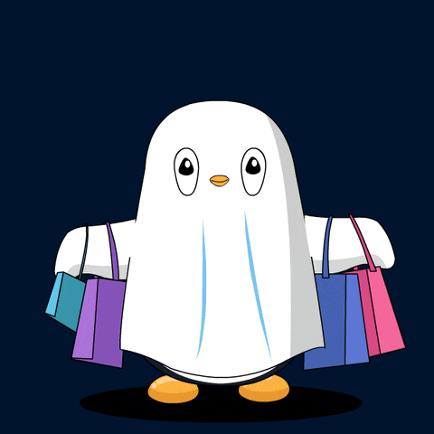 a ghost holding shopping bags with the words trick or treat below it