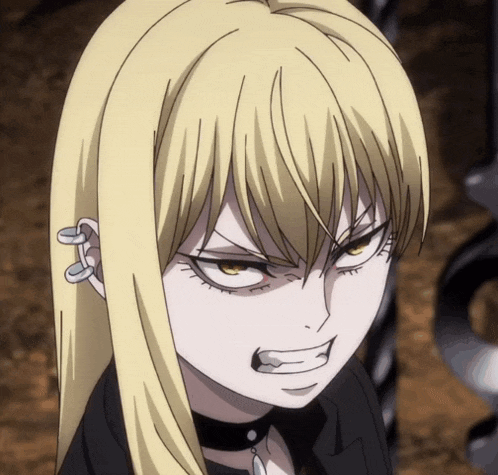 a close up of a blonde anime character with a choker
