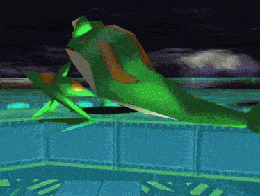 a green frog is swimming in a pool