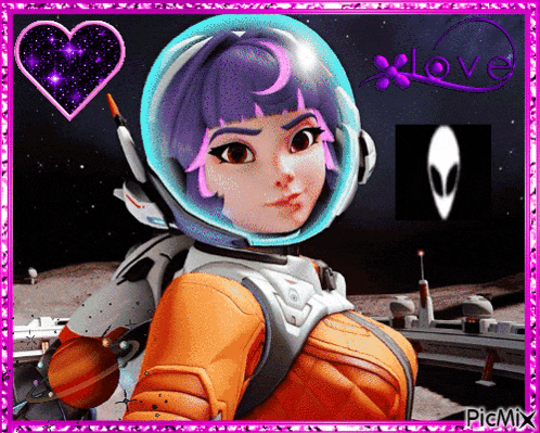a picture of a girl with purple hair wearing a space suit and a helmet with the word love on it