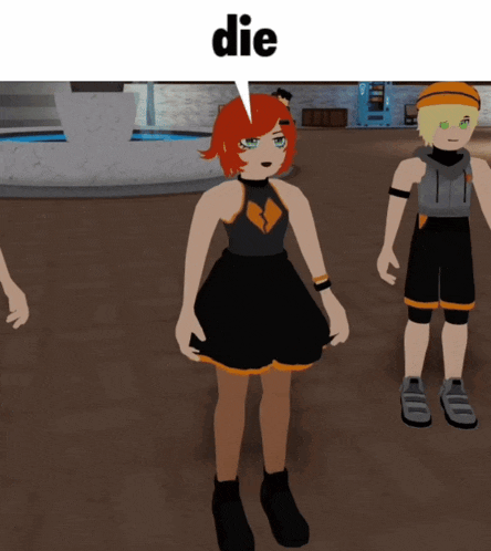 a girl in a black dress is standing next to a boy with the word die above her head
