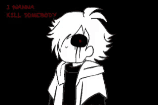 a black and white drawing of a person with red eyes and blood coming out of their mouth .