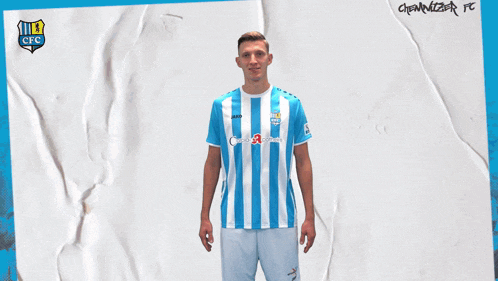 a man wearing a blue and white striped jersey with cfc on the front