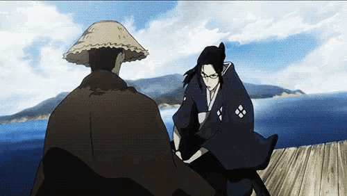 a man in a straw hat stands next to another man in a kimono