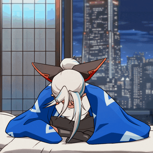 a cartoon of a person wrapped in a blue blanket