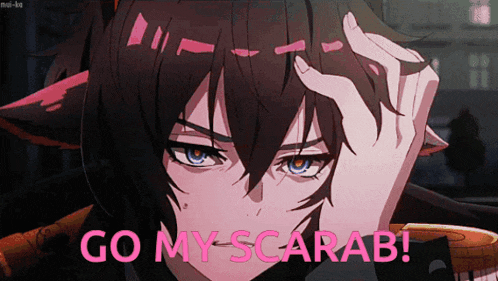 a cartoon character says " go my scarab " in pink