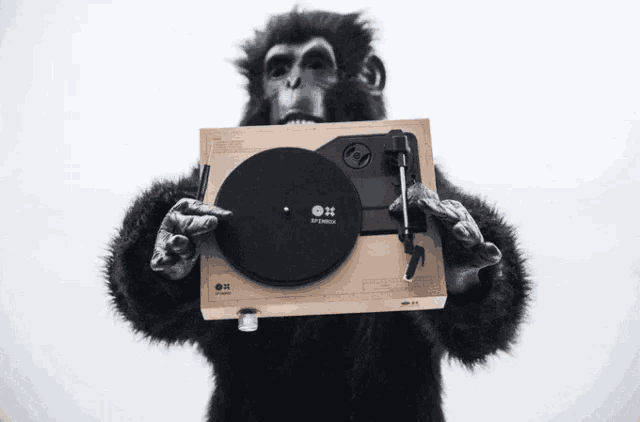 a chimpanzee is holding a record player that says ' df ' on it